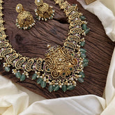 Gold Alike Peacock Long Neckpiece-Aqua Green Beads-Pearl-G14109